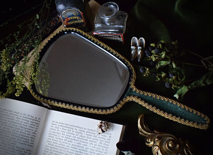 Opulent Emerald Green Hand Mirror with Gold Lace Accents