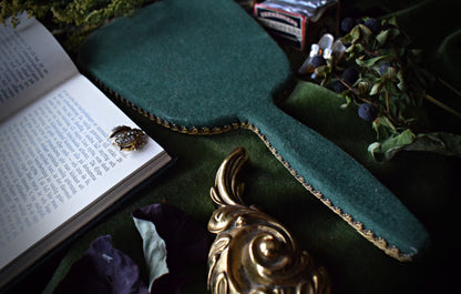 Opulent Emerald Green Hand Mirror with Gold Lace Accents