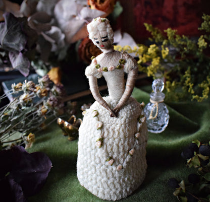 Antique Marie Antoinette-Inspired Crochet Doll with Floral Detailing